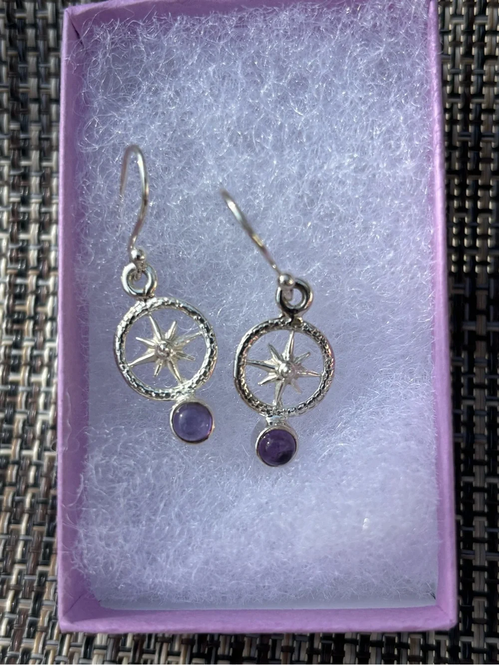 Sterling Silver Starburst Drop Earrings with Amethyst Accent - Purple